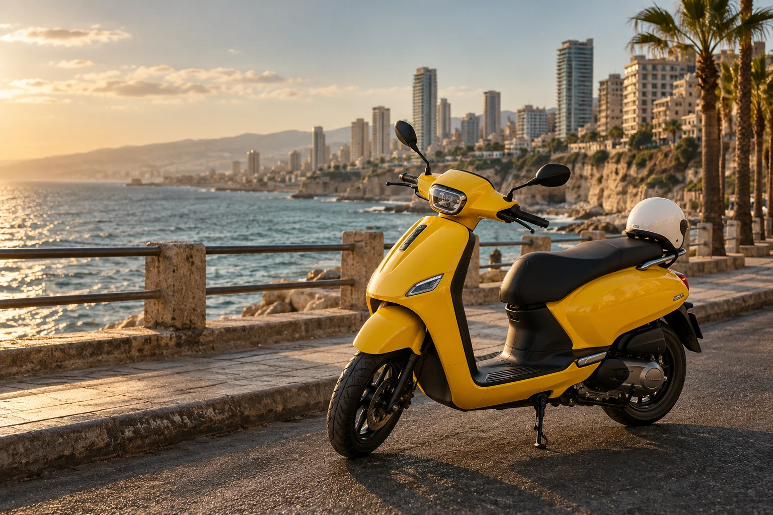 A yellow QUICK scooter on Beirut’s waterfront